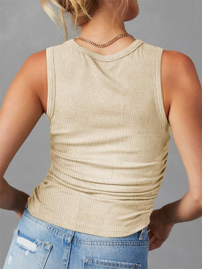 Women's Sleeveless Knitted Slim Side Pleats Solid Color Round Neck tops