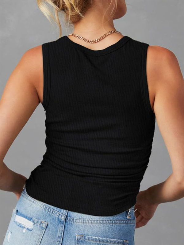 Women's Sleeveless Knitted Slim Side Pleats Solid Color Round Neck tops