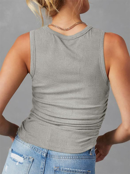 Women's Sleeveless Knitted Slim Side Pleats Solid Color Round Neck tops