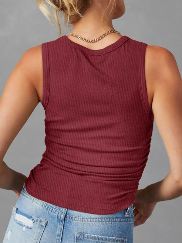 Women's Sleeveless Knitted Slim Side Pleats Solid Color Round Neck tops