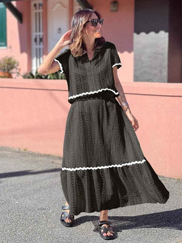 Women's comfortable casual shirt collar lace long skirt suit