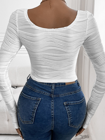 Women's round neck slim fit sexy curved texture long sleeve T-shirt top