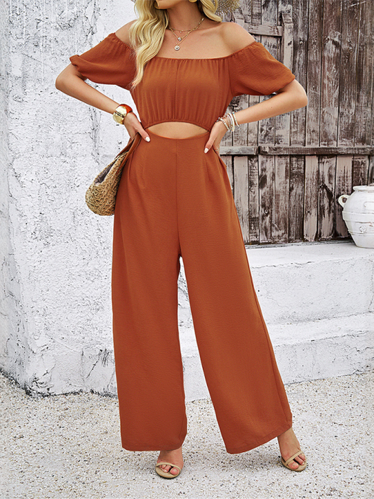 Women's Casual solid color short-sleeved wide-leg jumpsuit