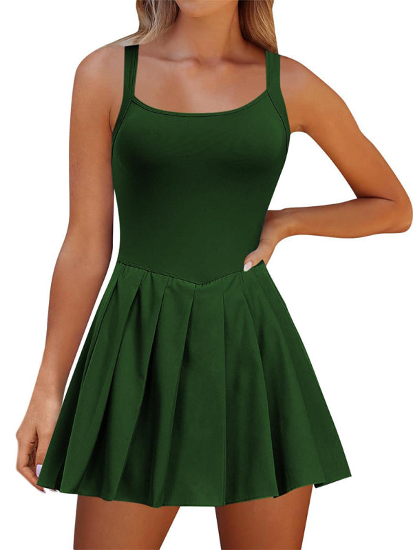 Women's style pocket solid color halter neck high waist two in one dress