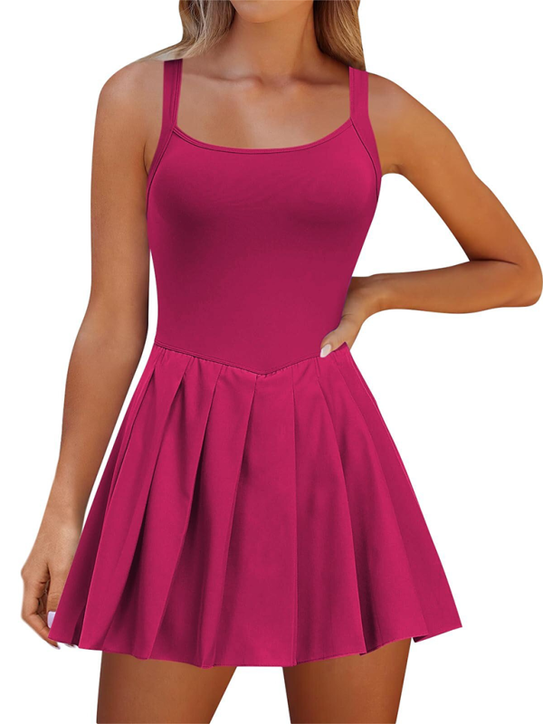 Women's style pocket solid color halter neck high waist two in one dress