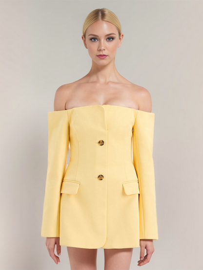 Women's Off-shoulder one-shoulder collar goose yellow suit jacket single-breasted mid-length dress