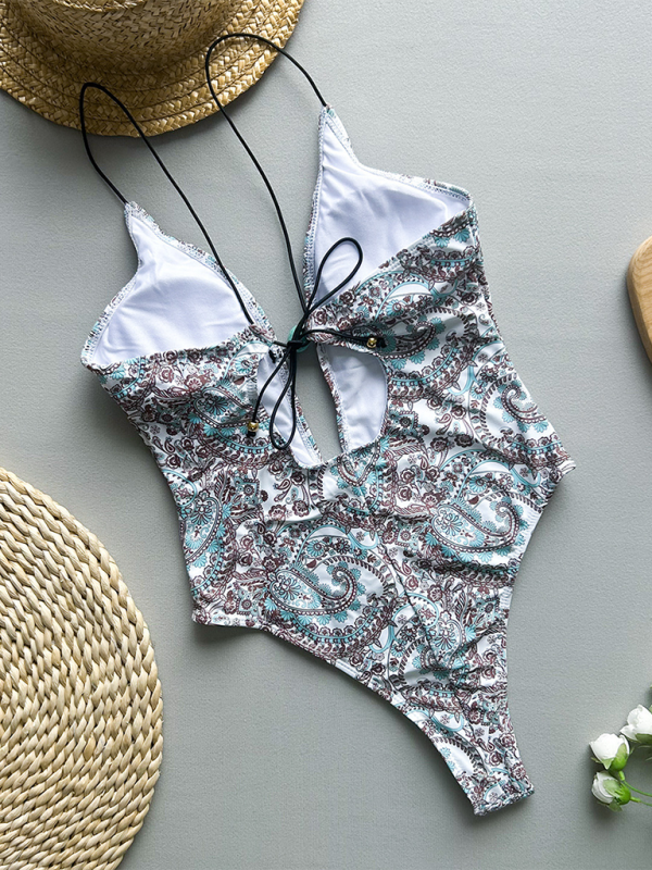 Women's Deep V halter print one-piece swimsuit