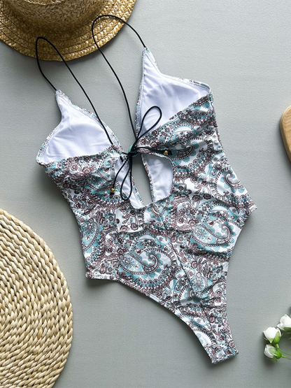 Women's Deep V halter print one-piece swimsuit