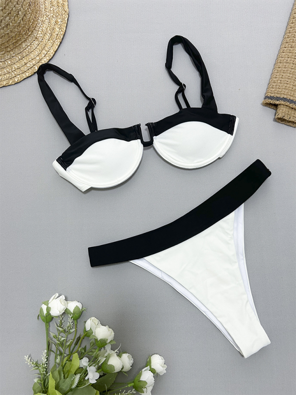 Women's Black and white gathered two-piece swimsuit for women