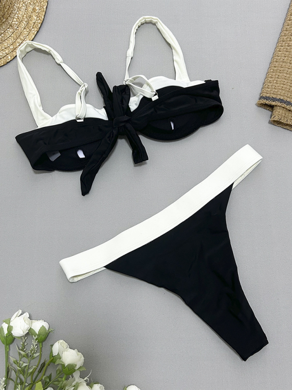 Women's Black and white gathered two-piece swimsuit for women