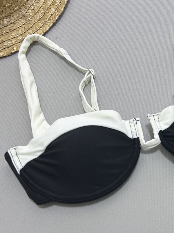 Women's Black and white gathered two-piece swimsuit for women