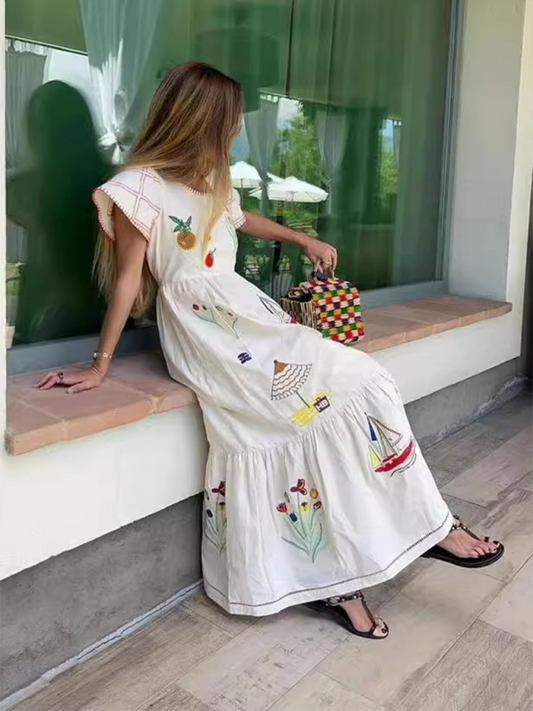 Women's round neck short sleeve long fashion print long dress