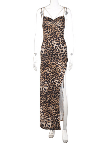 Women's Fashion Leopard Print Slim Backless Chain Strap Midi Dress