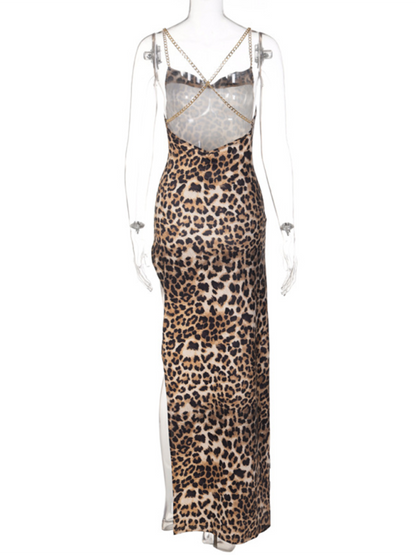 Women's Fashion Leopard Print Slim Backless Chain Strap Midi Dress