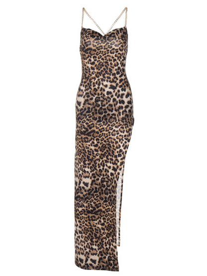 Women's Fashion Leopard Print Slim Backless Chain Strap Midi Dress