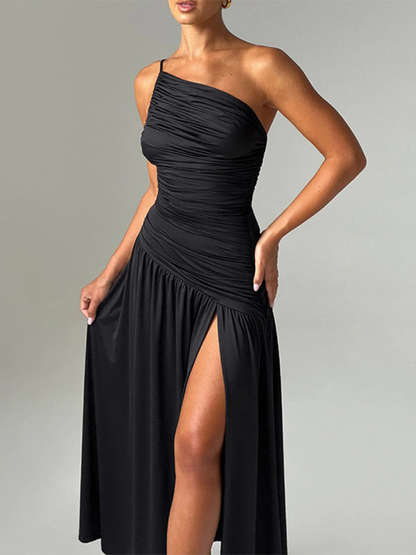 Women's Strapless off-shoulder gathered slit A-line dress