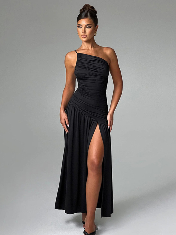 Women's Strapless off-shoulder gathered slit A-line dress