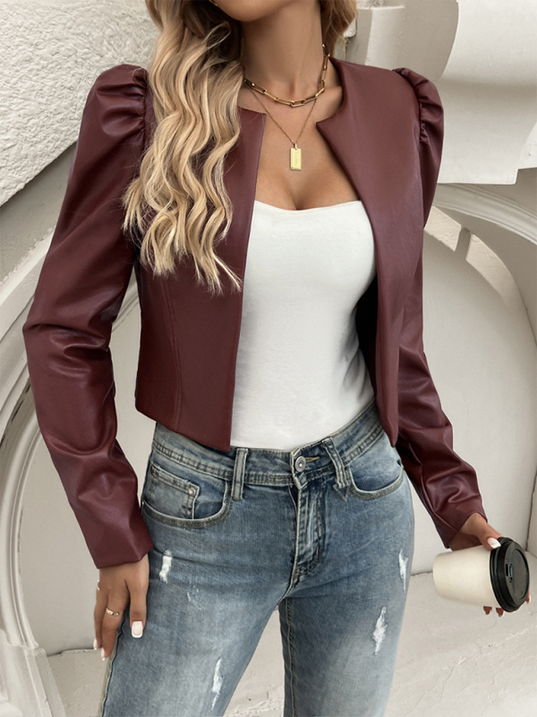 Women's cardigan solid color leather jacket