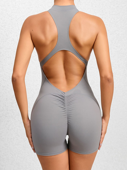 Women's Tight zippered sports yoga pants peach hips one-piece quick-drying pleated fitness Jumpsuit