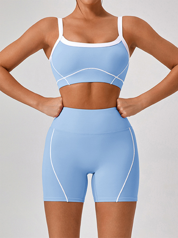 Women's spaghetti strap contrast color suspender bra + shorts Yoga suit