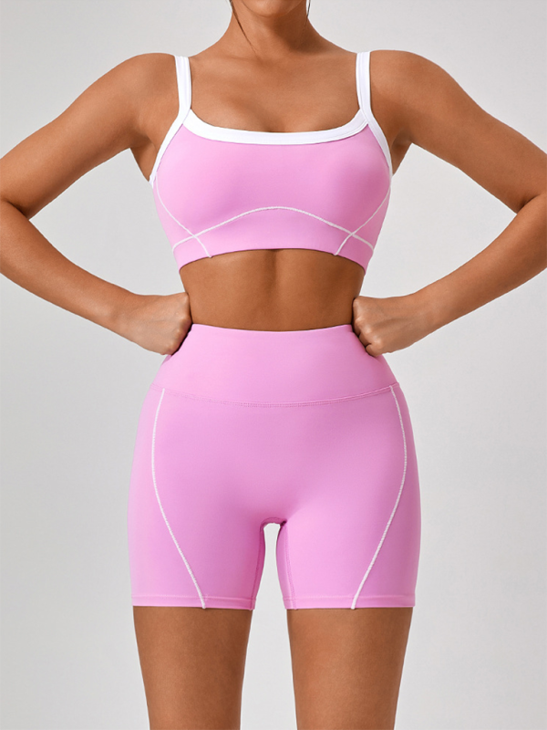 Women's spaghetti strap contrast color suspender bra + shorts Yoga suit