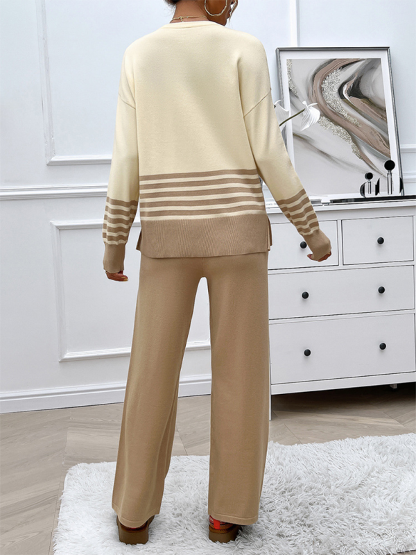 Casual Loose Clashing Color Straight Pants Sweater Set