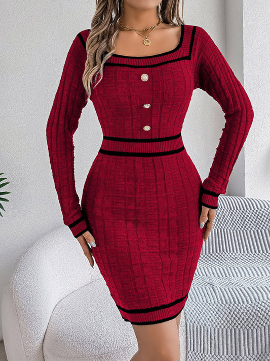 Elegant Square Neck Button Long Sleeve dress