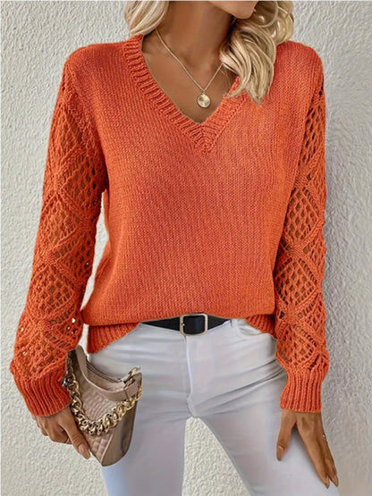 Women's V-neck Hollow Long Sleeve sweater