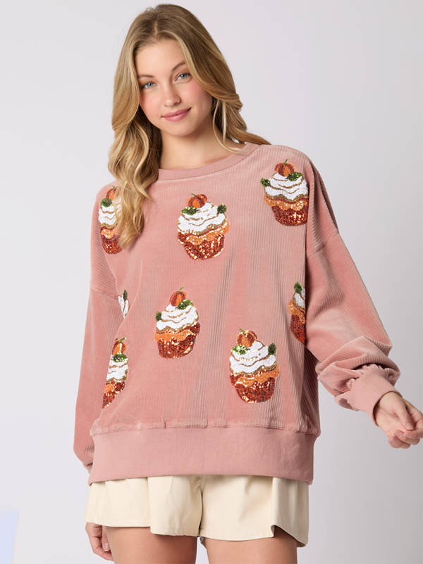 Women's Pumpkin Cake Sequin Round Neck Loose Pullover Sweatshirt