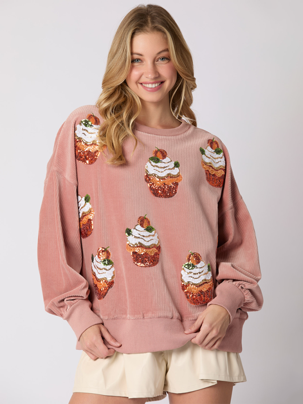 Women's Pumpkin Cake Sequin Round Neck Loose Pullover Sweatshirt