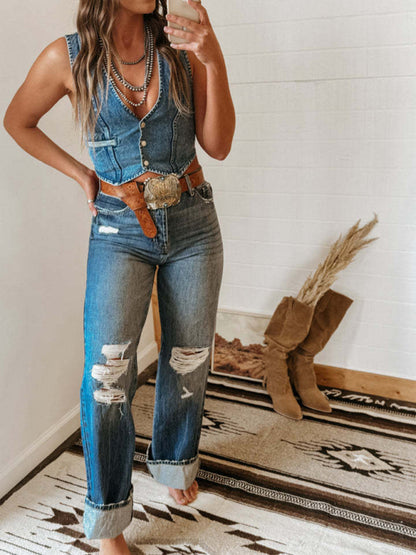 Women's Sleeveless Single Breasted V-Neck Top Denim Vest