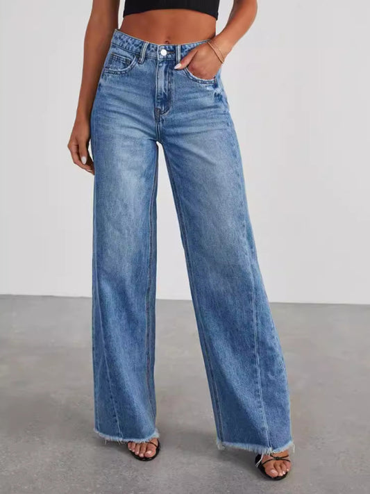 Women's Loose Wide Leg Side Seam Hem Jeans