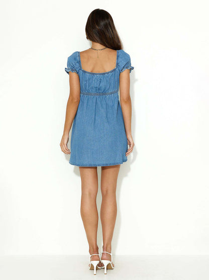 Women's Denim Dress with Hollow Ties and Puff Sleeves