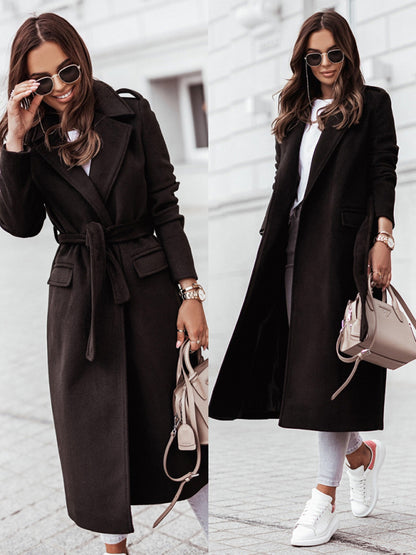 Women's simple long-sleeved V-neck tie coats