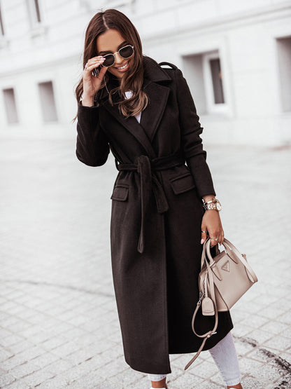 Women's simple long-sleeved V-neck tie coats