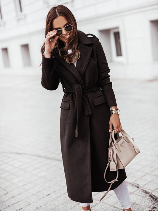 Women's simple long-sleeved V-neck tie coats