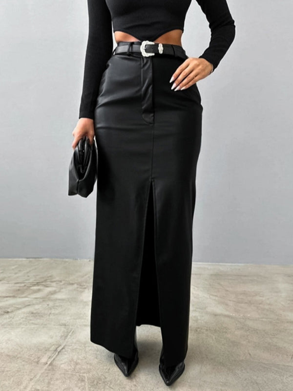 Women's Slit High Waist Simple Leather Slim Skirt