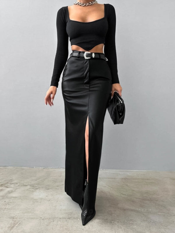 Women's Slit High Waist Simple Leather Slim Skirt