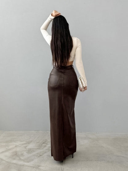 Women's Slit High Waist Simple Leather Slim Skirt