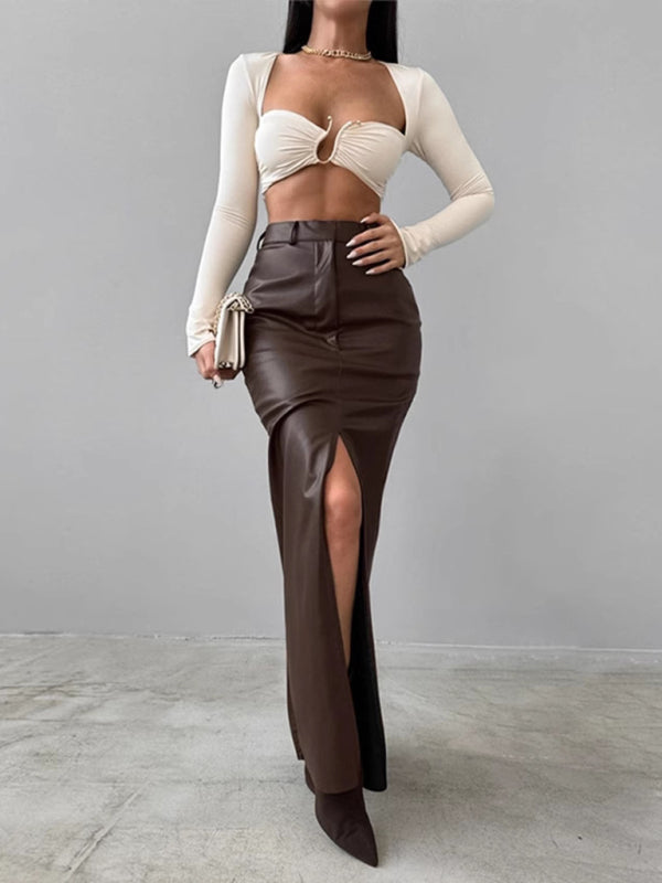 Women's Slit High Waist Simple Leather Slim Skirt