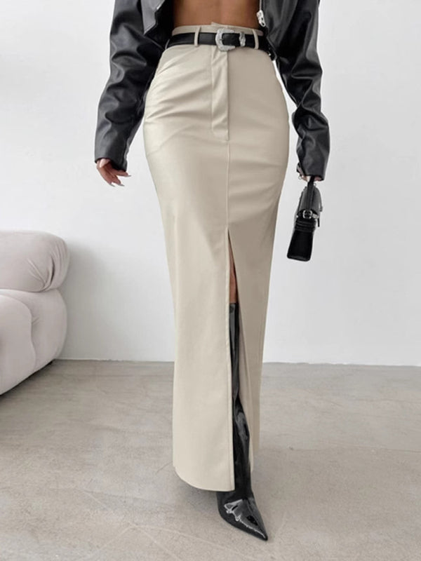 Women's Slit High Waist Simple Leather Slim Skirt