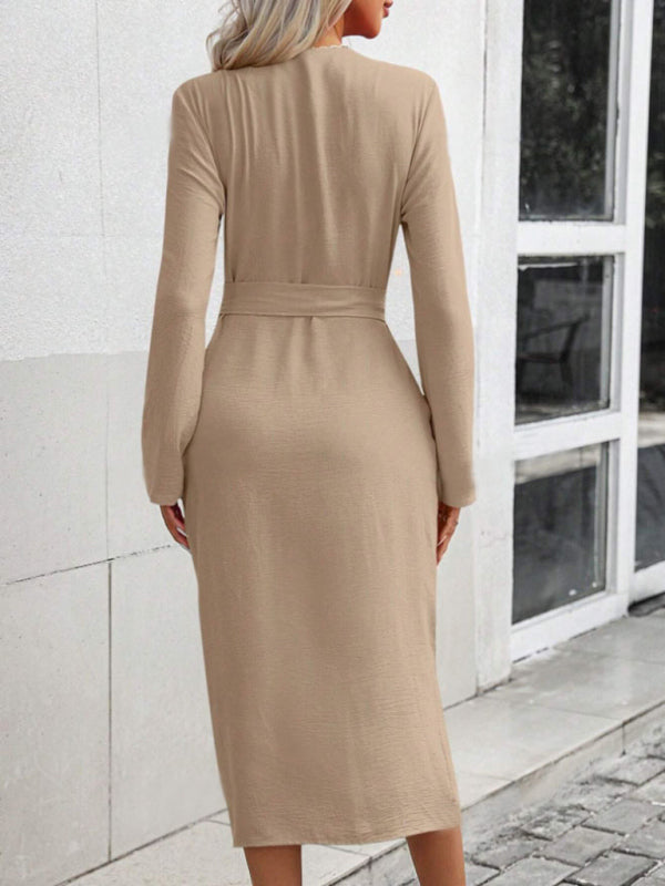 Women's Solid color lapel waist tie slit shirt dress