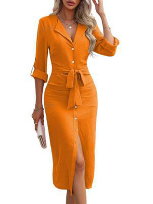 Women's Solid color lapel waist tie slit shirt dress