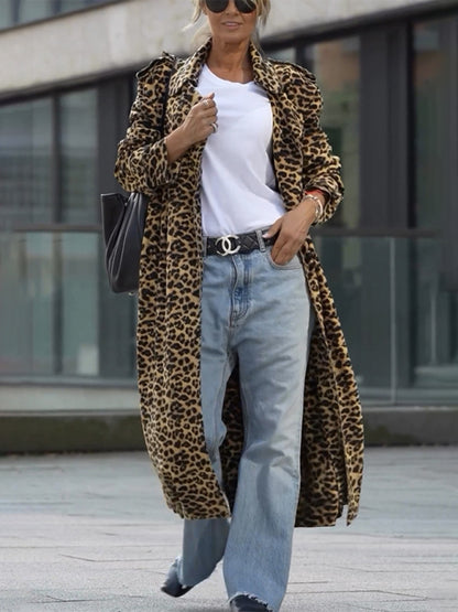 Women's Leopard Print Lapel Trench Coat