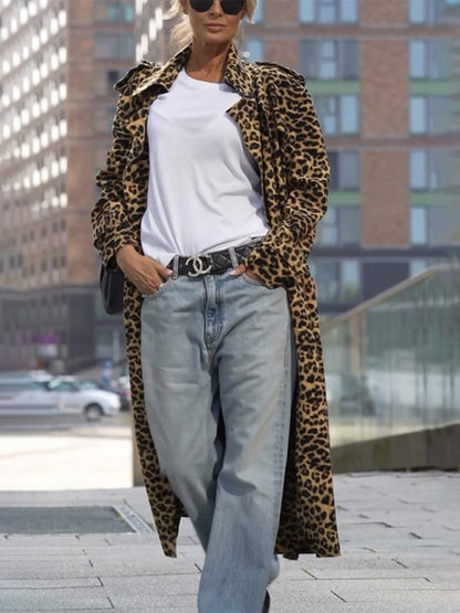 Women's Leopard Print Lapel Trench Coat