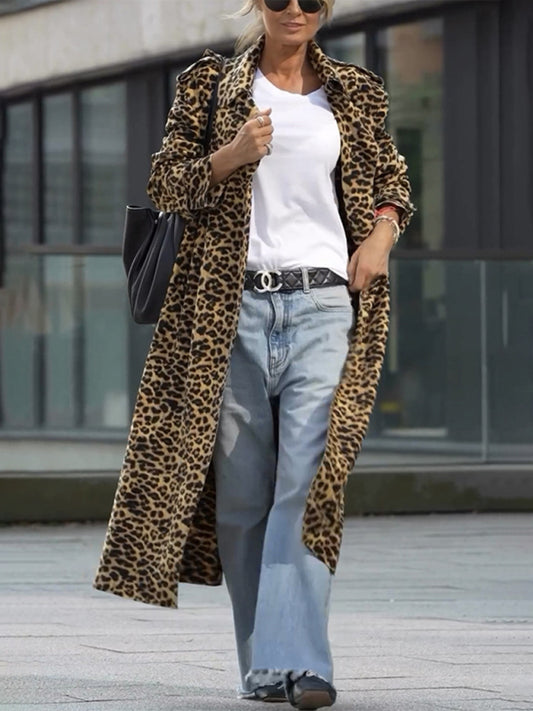 Women's Leopard Print Lapel Trench Coat