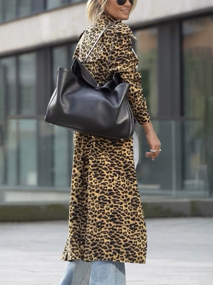 Women's Leopard Print Lapel Trench Coat