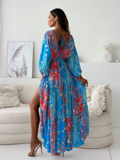 Women's V multi-color printed slit dress with three-quarter sleeves