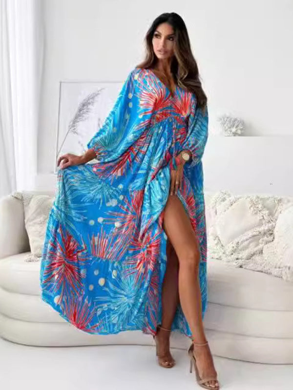 Women's V multi-color printed slit dress with three-quarter sleeves