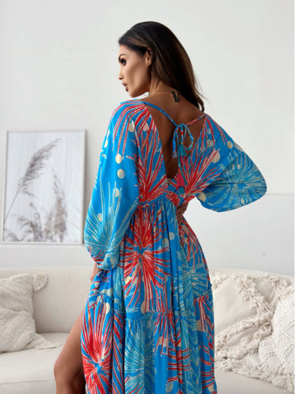 Women's V multi-color printed slit dress with three-quarter sleeves